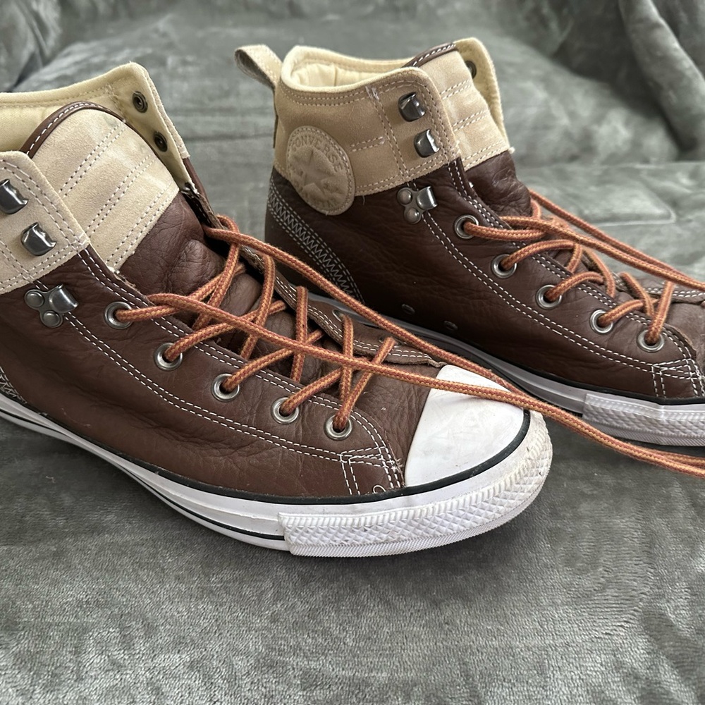 Converse Leather High-Tops in Brown and Cream